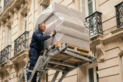 Déménageur utilisant un monte-meubles électrique sur la façade d'un immeuble haussmannien à Paris