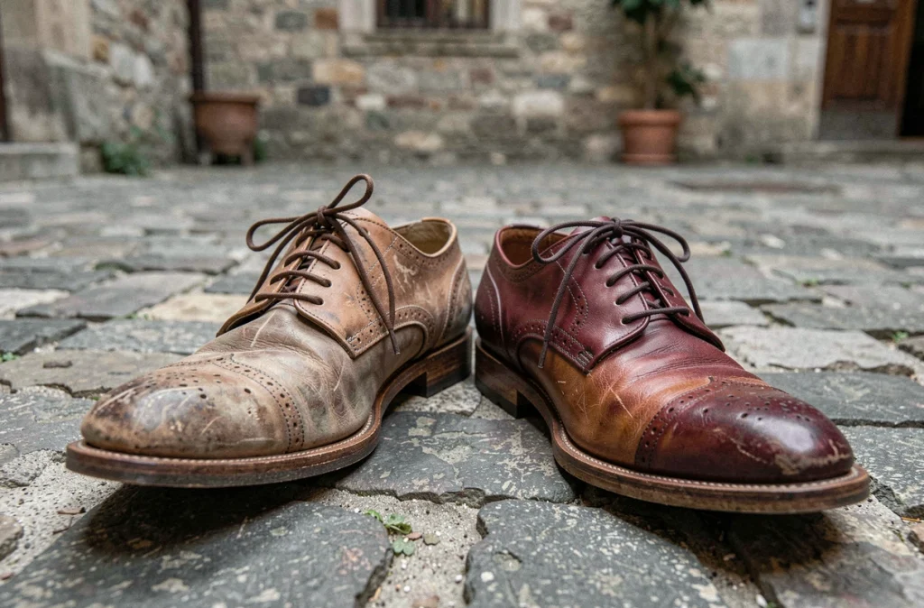 Comparaison entre un soulier en cuir usé et le même soulier après application d'une patine artisanale bordeaux et cognac