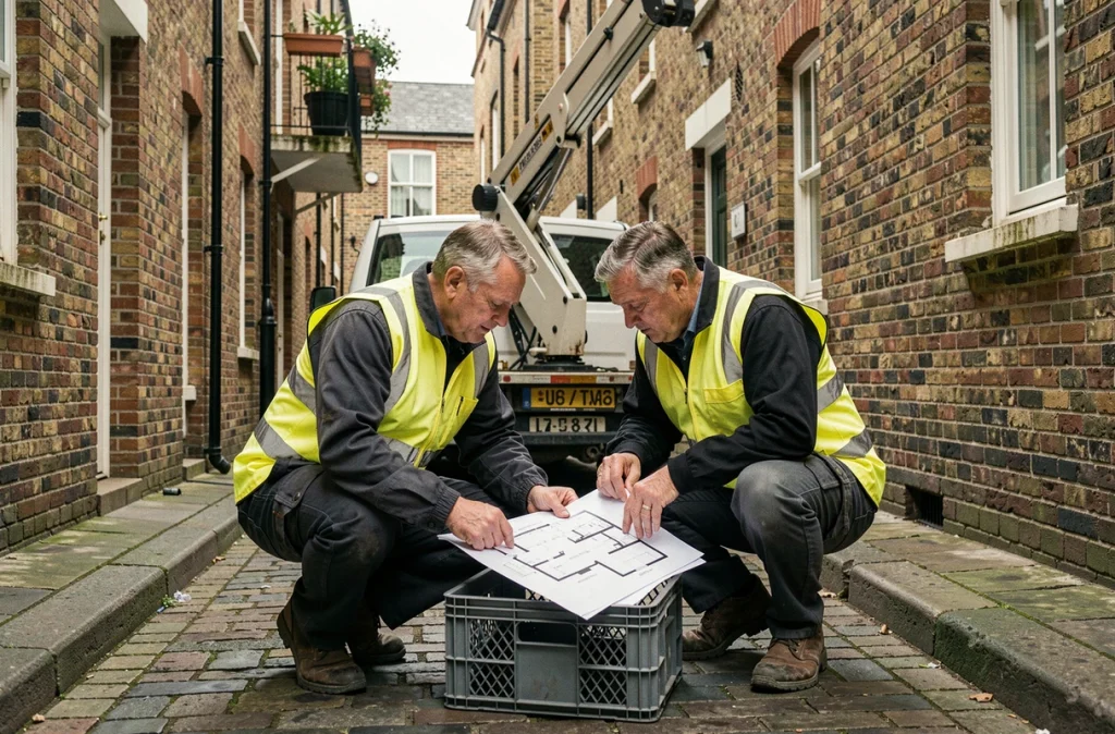 Deux professionnels étudiant un plan d'accès pour l'installation d'un monte-meubles dans une ruelle étroite