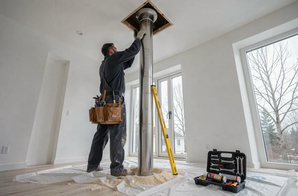 Technicien installant un conduit de fumée en acier inoxydable dans une maison moderne au style scandinave