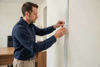 Électricien posant un couvercle de goulotte blanche sur un mur de bureau à domicile pour une finition discrète