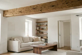 Vieille poutre en chêne apparente au plafond d'un salon rénové en style campagne moderne