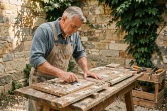 Artisan en train de poncer des volets en bois anciens dans une cour en pierre provençale, outils de menuiserie au premier plan