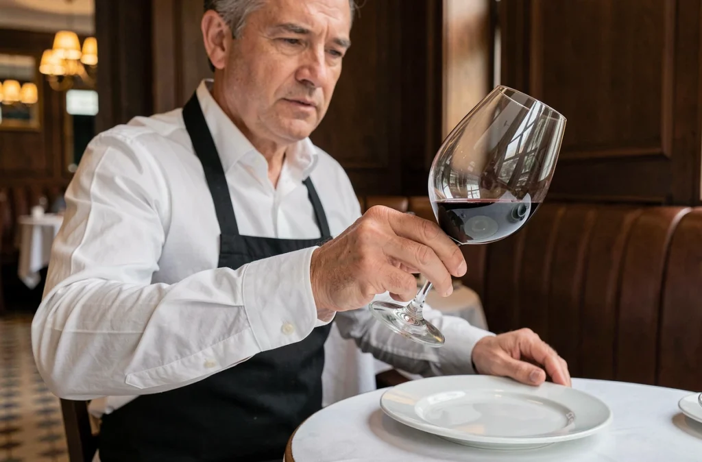Sommelier professionnel plaçant un verre à vin bordeaux sur une table de restaurant selon les règles de placement