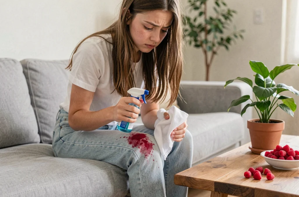 Jeune fille sur un canapé tenant un spray détachant pour nettoyer une tache de framboise sur un jean
