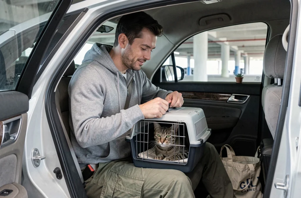 Homme sécurisant un transporteur pour chat dans une voiture avec ceinture de sécurité