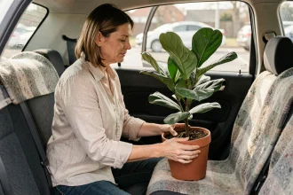 Femme transportant une plante en pot dans un SUV avec des couvertures protectrices