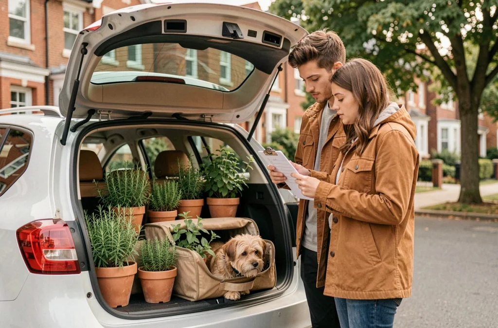 Couple préparant le transport de plantes et d'un chien dans le coffre d'une voiture