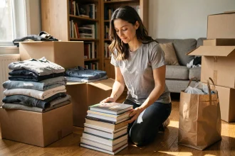 Femme triant ses affaires avant un déménagement, entourée de cartons et de vêtements pliés dans un appartement