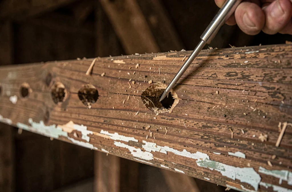 Gros plan sur des galeries et trous de sortie de capricornes dans une poutre en bois ancienne