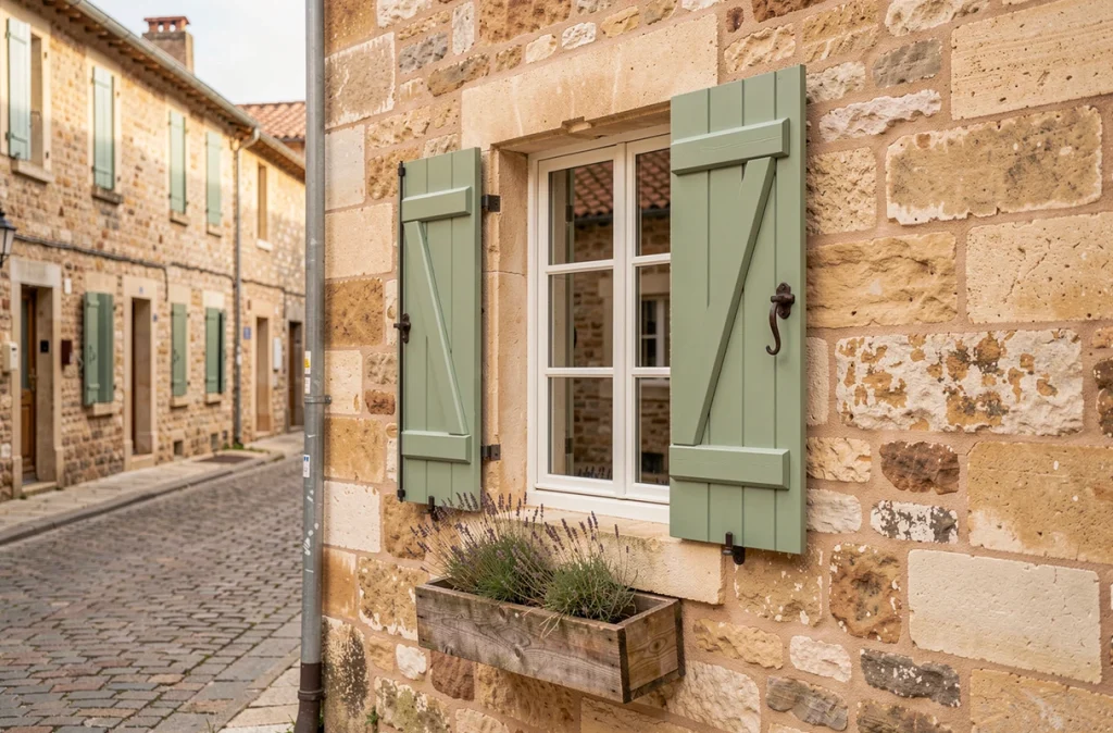 Volets en bois traditionnels fraîchement rénovés en vert sauge sur une fenêtre de maison en pierre dans un village français