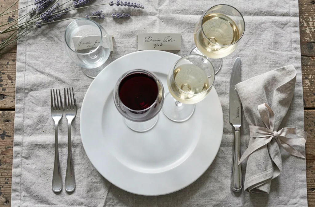 Vue de dessus d'un couvert individuel avec trois verres disposés en diagonale selon l'étiquette de table française