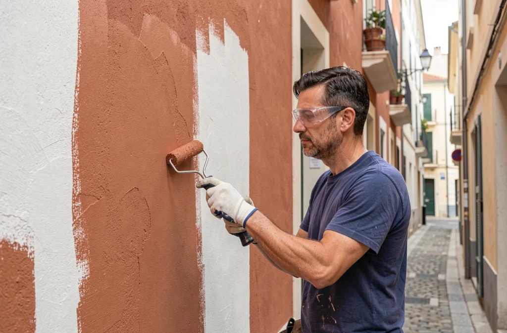 Spécialiste d'Andjo appliquant une peinture minérale sur la façade rénovée d'un immeuble dans une ruelle marseillaise