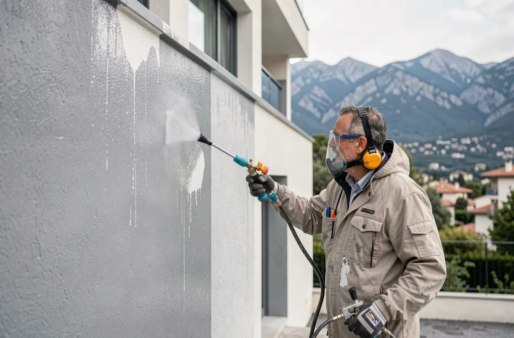 Technicien d'ASTOL Services appliquant un revêtement imperméable sur un bâtiment moderne dans les Alpes-Maritimes