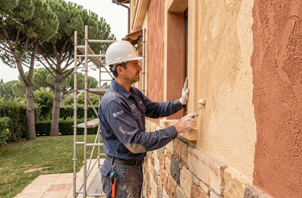 Façadier de COBAD appliquant un enduit sur une villa résidentielle dans le Var avec échafaudage et végétation méditerranéenne