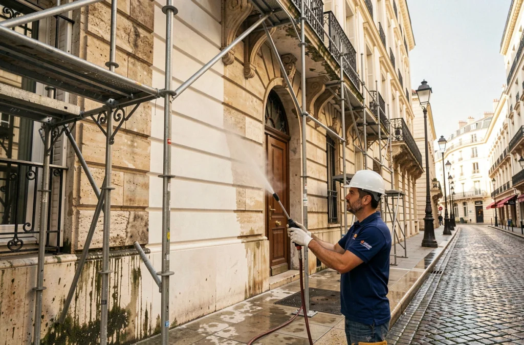Façadier de Com Julien supervisant le nettoyage haute pression d'un immeuble haussmannien à Marseille avec échafaudage