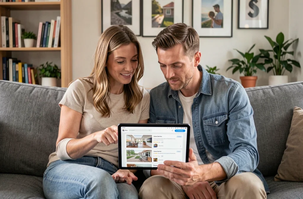 Couple consultant ensemble les avis clients d'un service de décoration et d'aménagement intérieur sur une tablette