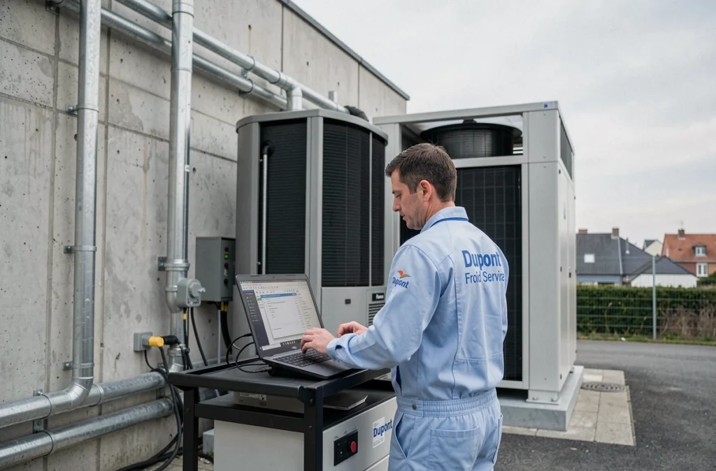 Ingénieur Dupont Froid Service configurant une pompe à chaleur commerciale à Beauvais