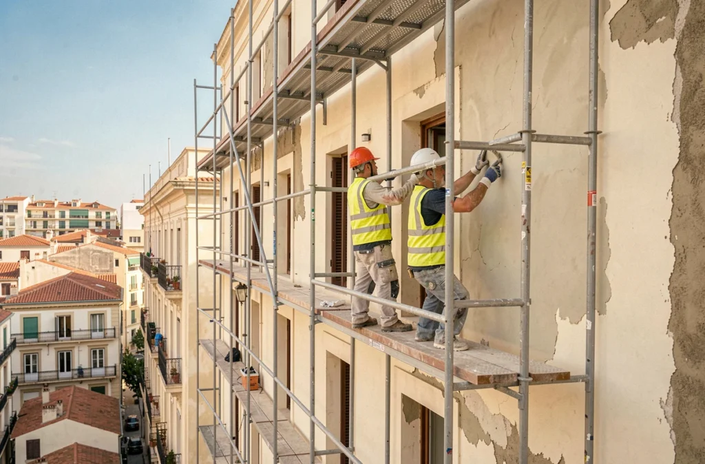 Deux ouvriers de D.V.M Rénovation posant un enduit frais sur un immeuble résidentiel à Marseille sous un ciel méditerranéen