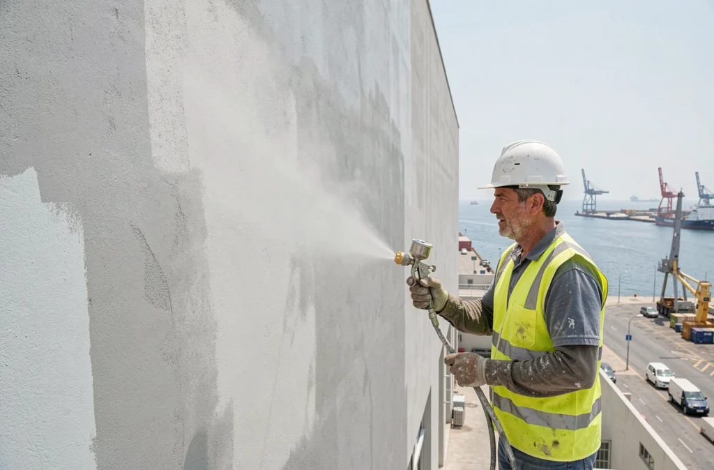 Façadier d'Empr 2000 projetant un enduit de finition sur un bâtiment commercial dans le quartier portuaire de Marseille