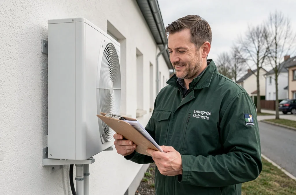 Installateur de l'Entreprise Delmotte vérifiant une installation de pompe à chaleur
