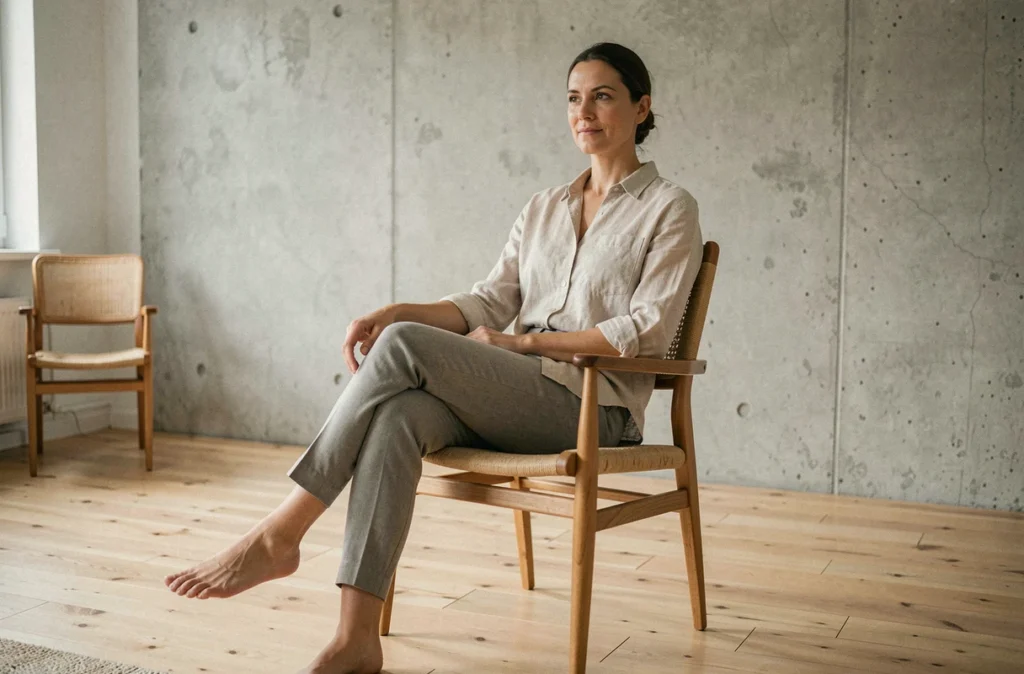 Femme assise sur une chaise Standard illustrant les dimensions ergonomiques en situation réelle dans un salon contemporain