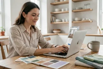 Femme consultant des avis clients sur un site de décoration intérieure depuis son appartement moderne