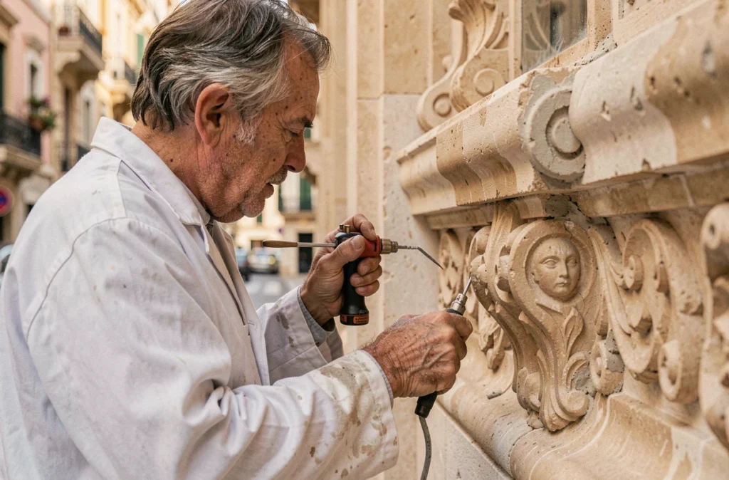 Artisan de la Générale De Rénovation restaurant des moulures en pierre sur une façade patrimoniale dans le centre de Marseille