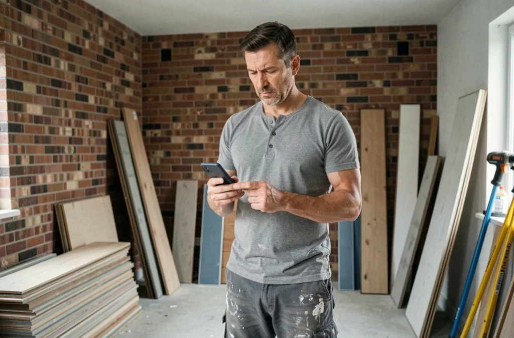 Homme lisant des retours d'expérience clients sur son téléphone dans un salon en cours de rénovation