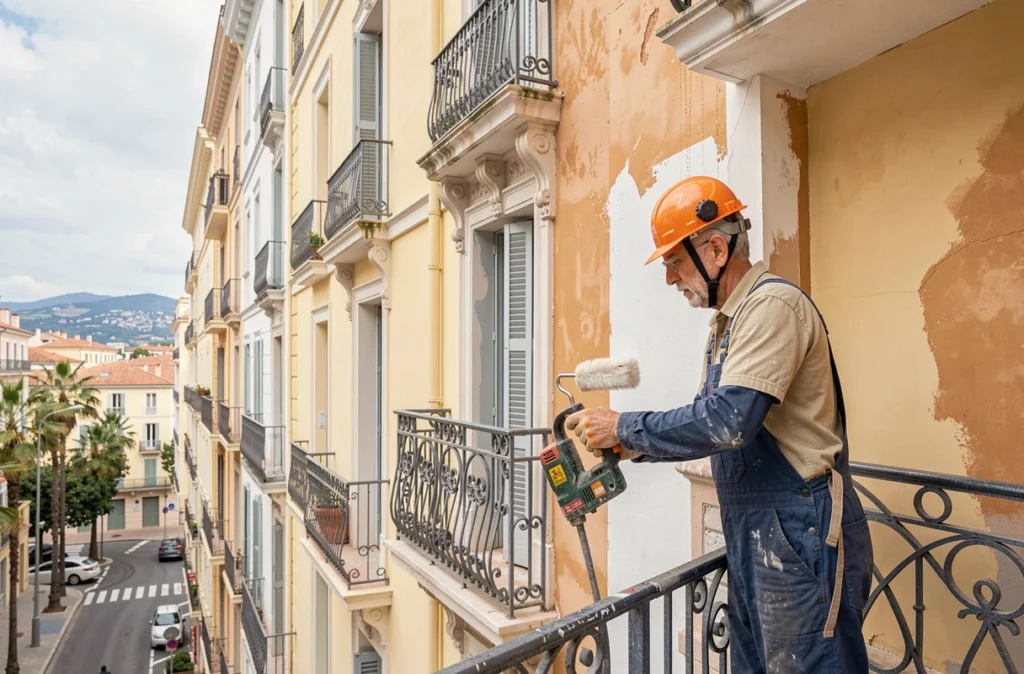 Artisan rénovant la façade d'un immeuble Belle Époque à Nice avec balcons en fer forgé et palmiers en arrière-plan