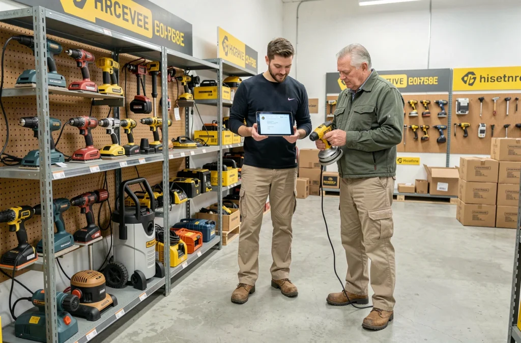 Deux hommes en train de choisir des outils à louer dans un magasin de location de matériel de bricolage avec livraison à domicile