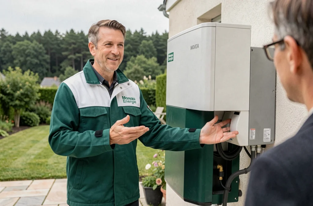 Technicien SARL Moreau Énergie expliquant une installation de pompe à chaleur à Compiègne