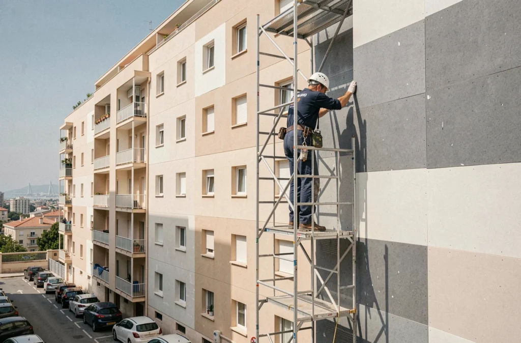 Ouvrier de Multiservice Habitat installant un bardage isolant sur un immeuble résidentiel à Marseille depuis un échafaudage
