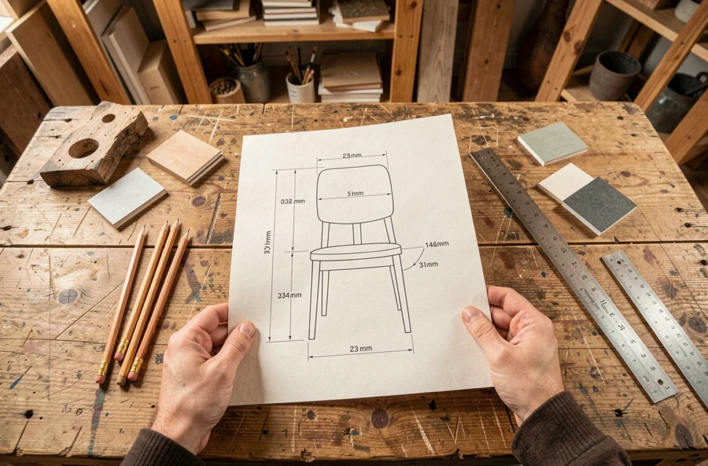 Plan technique d'une chaise Standard avec annotations de dimensions posé sur une table d'atelier en bois