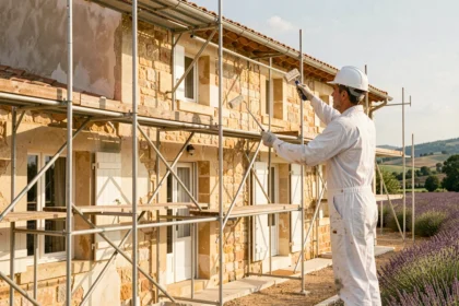 Ouvrier en train de rénover la façade d'un bâtiment traditionnel en Provence avec échafaudage et collines en arrière-plan