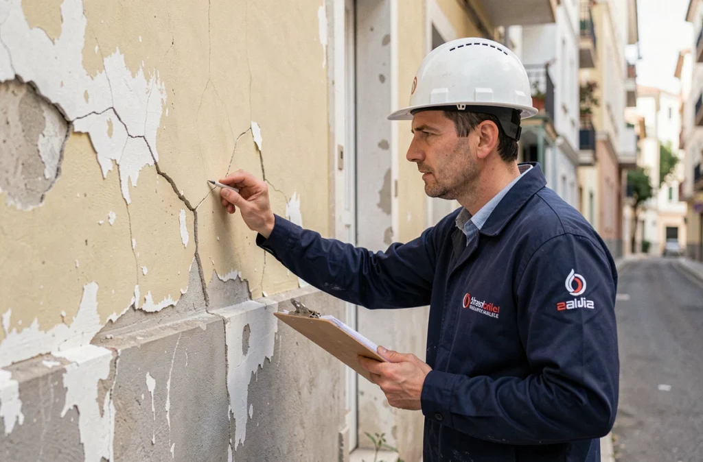 Technicien de Renovax-M inspectant et documentant les fissures d'une façade dégradée d'un immeuble résidentiel à Marseille