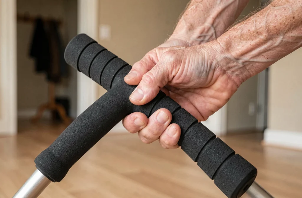 Gros plan sur des mains de senior tenant fermement le manche antidérapant d'un balai à laver ergonomique, focus sur la sécurité et le confort de préhension