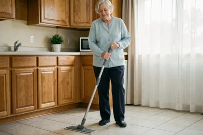Femme âgée utilisant un balai à laver ergonomique à long manche dans sa cuisine carrelée, illustration du confort d'utilisation pour seniors